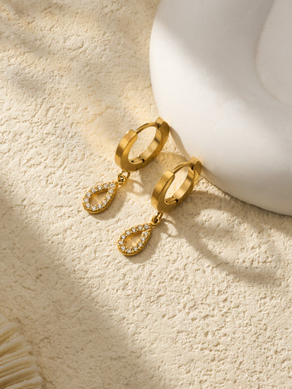 316L Stainless Steel 18K Gold PVD Hollow Waterdrop Pave Zircon Hoop Earrings - Hollow Waterdrop, Pave Zircon, Elegant, Modern, Gold Wholesale Stainless Steel Jewelry - Sensitive Skin Friendly - Detail 11