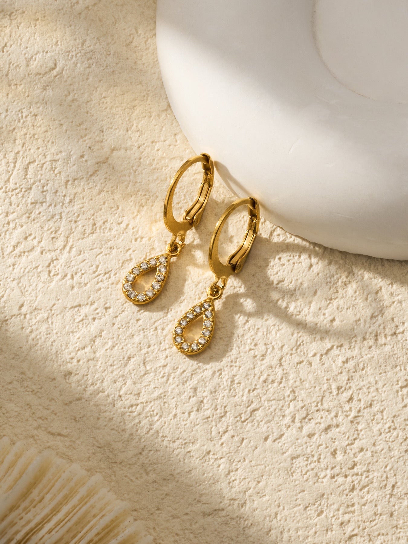 316L Stainless Steel 18K Gold PVD Hollow Waterdrop Pave Zircon Hoop Earrings - Hollow Waterdrop, Pave Zircon, Elegant, Modern, Gold Wholesale Stainless Steel Jewelry - Sensitive Skin Friendly - Detail 2