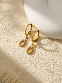 316L Stainless Steel 18K Gold PVD Hollow Waterdrop Pave Zircon Hoop Earrings - Hollow Waterdrop, Pave Zircon, Elegant, Modern, Gold Wholesale Stainless Steel Jewelry - Sensitive Skin Friendly - Detail 2