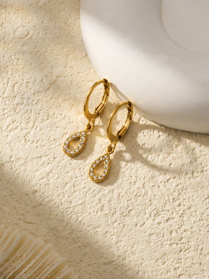 316L Stainless Steel 18K Gold PVD Hollow Waterdrop Pave Zircon Hoop Earrings - Hollow Waterdrop, Pave Zircon, Elegant, Modern, Gold Wholesale Stainless Steel Jewelry - Sensitive Skin Friendly - Detail 2