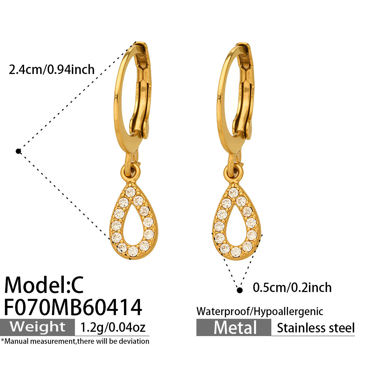 316L Stainless Steel 18K Gold PVD Hollow Waterdrop Pave Zircon Hoop Earrings - Hollow Waterdrop, Pave Zircon, Elegant, Modern, Gold Wholesale Stainless Steel Jewelry - Sensitive Skin Friendly - Detail 3