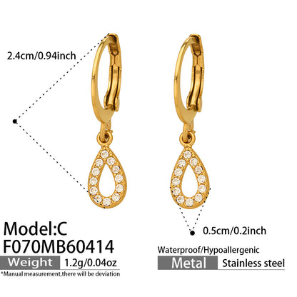 316L Stainless Steel 18K Gold PVD Hollow Waterdrop Pave Zircon Hoop Earrings - Hollow Waterdrop, Pave Zircon, Elegant, Modern, Gold Wholesale Stainless Steel Jewelry - Sensitive Skin Friendly - Detail 3