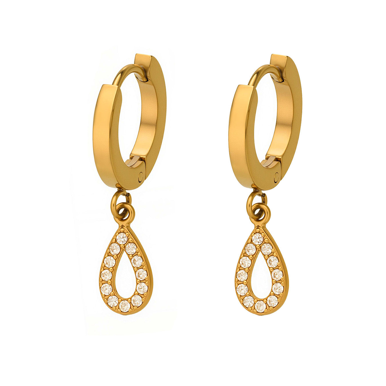 316L Stainless Steel 18K Gold PVD Hollow Waterdrop Pave Zircon Hoop Earrings - Hollow Waterdrop, Pave Zircon, Elegant, Modern, Gold Wholesale Stainless Steel Jewelry - Sensitive Skin Friendly - Detail 4