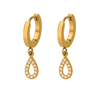 316L Stainless Steel 18K Gold PVD Hollow Waterdrop Pave Zircon Hoop Earrings - Hollow Waterdrop, Pave Zircon, Elegant, Modern, Gold Wholesale Stainless Steel Jewelry - Sensitive Skin Friendly - Detail 4