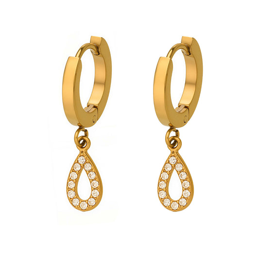 316L Stainless Steel 18K Gold PVD Hollow Waterdrop Pave Zircon Hoop Earrings - Hollow Waterdrop, Pave Zircon, Elegant, Modern, Gold Wholesale Stainless Steel Jewelry - Sensitive Skin Friendly - Detail 4
