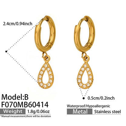316L Stainless Steel 18K Gold PVD Hollow Waterdrop Pave Zircon Hoop Earrings - Hollow Waterdrop, Pave Zircon, Elegant, Modern, Gold Wholesale Stainless Steel Jewelry - Sensitive Skin Friendly - Detail 6