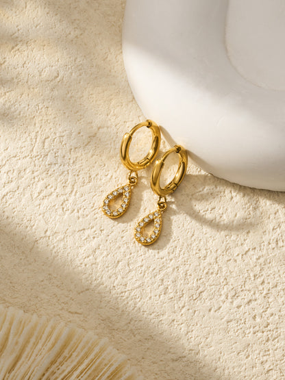 316L Stainless Steel 18K Gold PVD Hollow Waterdrop Pave Zircon Hoop Earrings - Hollow Waterdrop, Pave Zircon, Elegant, Modern, Gold Wholesale Stainless Steel Jewelry - Sensitive Skin Friendly - Detail 7