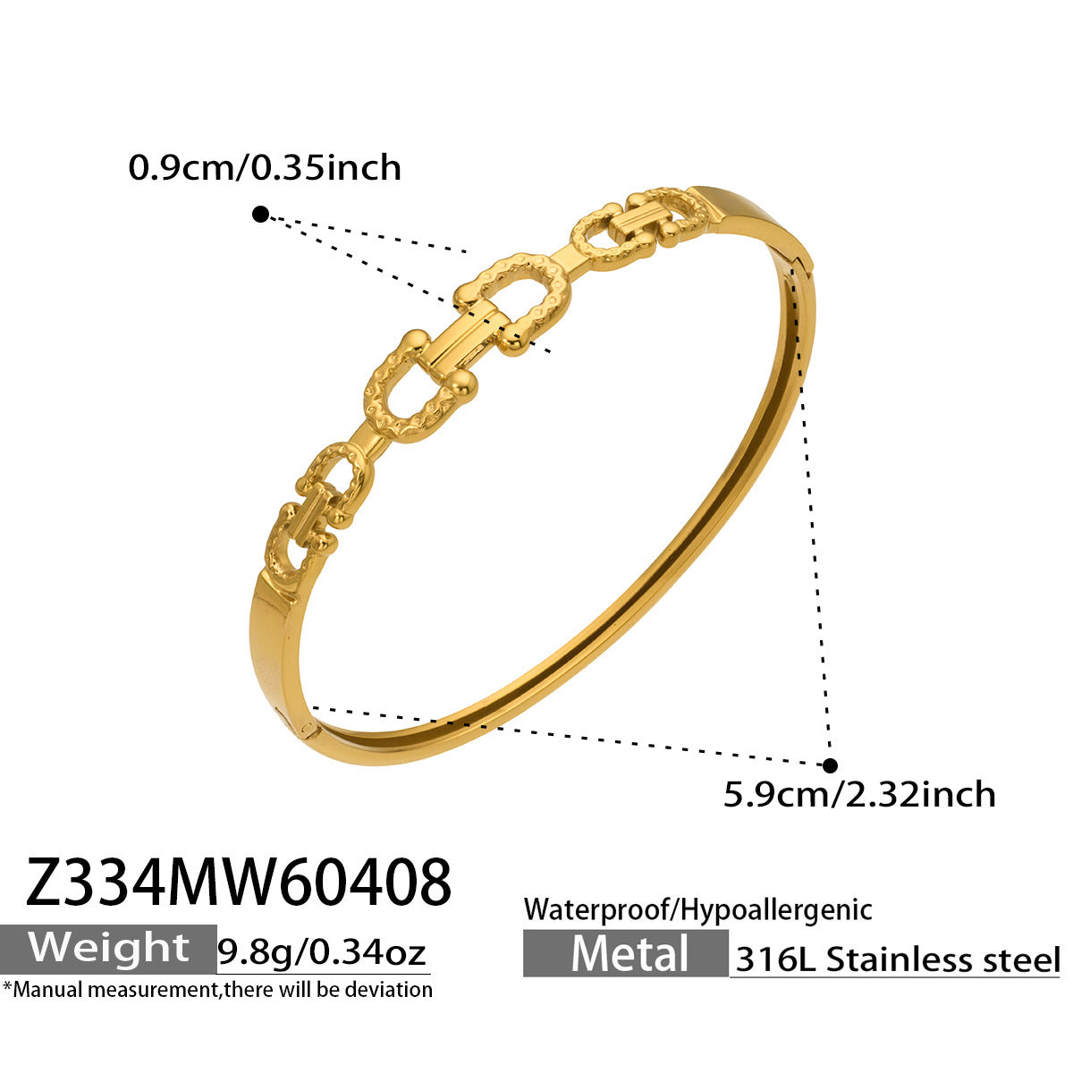 316L Stainless Steel 18K Gold PVD Horseshoe Buckle Chain Bangle - Trendy, Horseshoe Buckle, Chain Bangle, Gold, Steel, Modern, Geometric Wholesale Stainless Steel Jewelry - Sensitive Skin Friendly - Detail 10