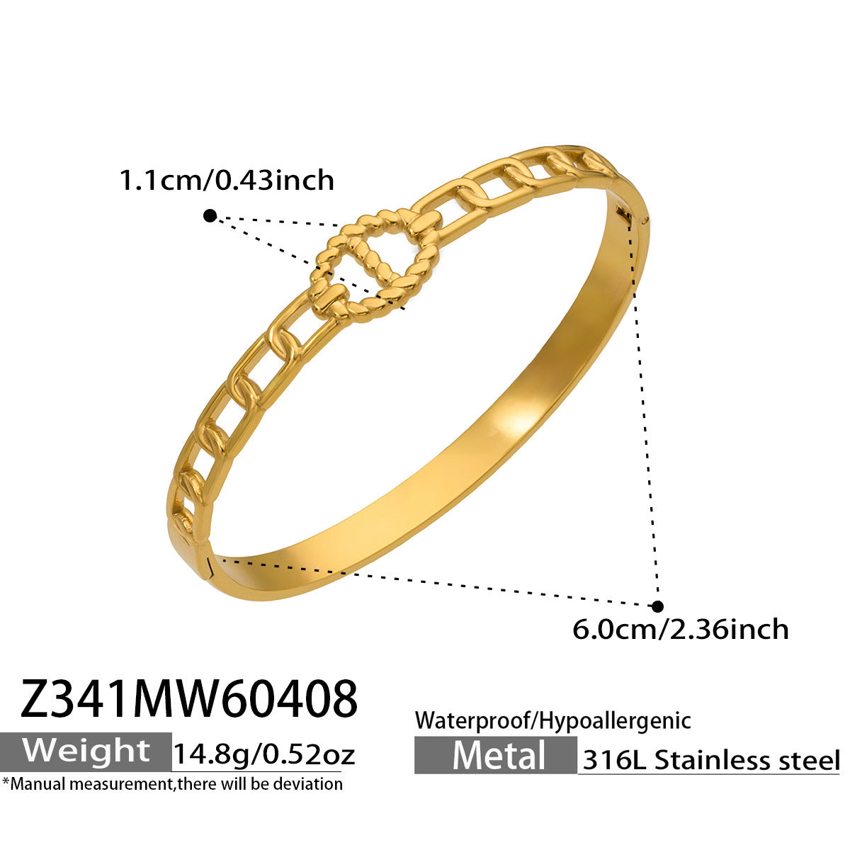 316L Stainless Steel 18K Gold PVD Horseshoe Buckle Chain Bangle - Trendy, Horseshoe Buckle, Chain Bangle, Gold, Steel, Modern, Geometric Wholesale Stainless Steel Jewelry - Sensitive Skin Friendly - Detail 16