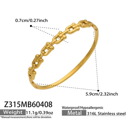 316L Stainless Steel 18K Gold PVD Horseshoe Buckle Chain Bangle - Trendy, Horseshoe Buckle, Chain Bangle, Gold, Steel, Modern, Geometric Wholesale Stainless Steel Jewelry - Sensitive Skin Friendly - Detail 17