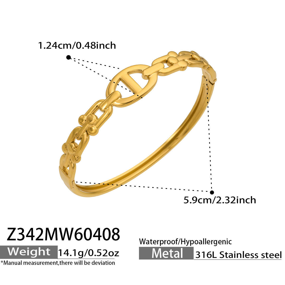 316L Stainless Steel 18K Gold PVD Horseshoe Buckle Chain Bangle - Trendy, Horseshoe Buckle, Chain Bangle, Gold, Steel, Modern, Geometric Wholesale Stainless Steel Jewelry - Sensitive Skin Friendly - Detail 6