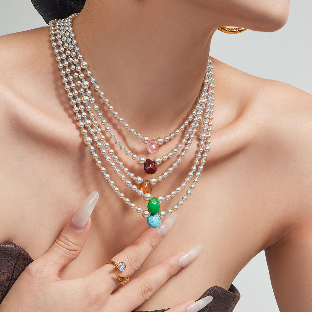 316L Stainless Steel 18K Gold PVD Imitation Pearl & Colorful Agate Pendant Necklace - Imitation Pearl, Colorful Agate, French Style, Delicate, Clavicle Wholesale Stainless Steel Jewelry - Sensitive Skin Friendly - Detail 1