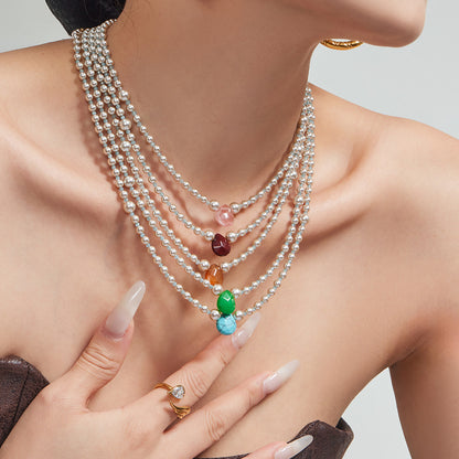 316L Stainless Steel 18K Gold PVD Imitation Pearl & Colorful Agate Pendant Necklace - Imitation Pearl, Colorful Agate, French Style, Delicate, Clavicle Wholesale Stainless Steel Jewelry - Sensitive Skin Friendly - Detail 1