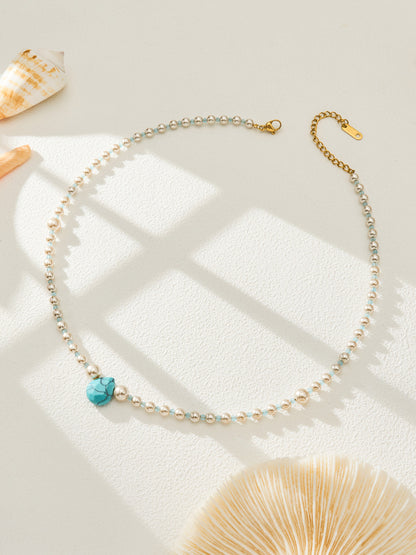316L Stainless Steel 18K Gold PVD Imitation Pearl & Colorful Agate Pendant Necklace - Imitation Pearl, Colorful Agate, French Style, Delicate, Clavicle Wholesale Stainless Steel Jewelry - Sensitive Skin Friendly - Detail 10