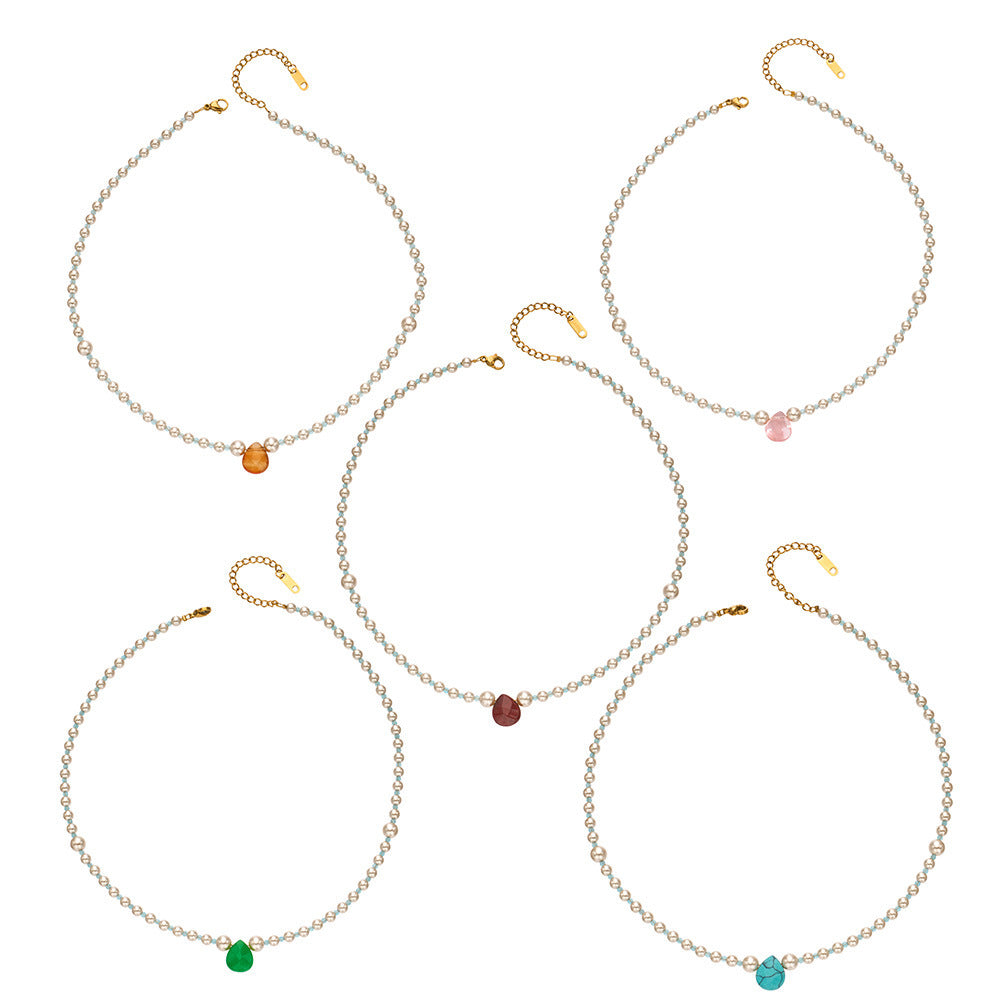 316L Stainless Steel 18K Gold PVD Imitation Pearl & Colorful Agate Pendant Necklace - Imitation Pearl, Colorful Agate, French Style, Delicate, Clavicle Wholesale Stainless Steel Jewelry - Sensitive Skin Friendly - Detail 11