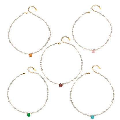 316L Stainless Steel 18K Gold PVD Imitation Pearl & Colorful Agate Pendant Necklace - Imitation Pearl, Colorful Agate, French Style, Delicate, Clavicle Wholesale Stainless Steel Jewelry - Sensitive Skin Friendly - Detail 11