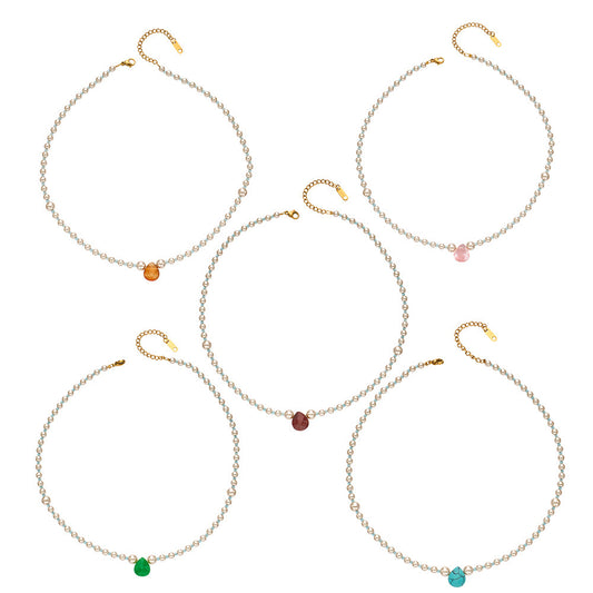 316L Stainless Steel 18K Gold PVD Imitation Pearl & Colorful Agate Pendant Necklace - Imitation Pearl, Colorful Agate, French Style, Delicate, Clavicle Wholesale Stainless Steel Jewelry - Sensitive Skin Friendly - Detail 11