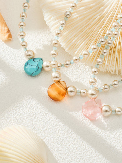 316L Stainless Steel 18K Gold PVD Imitation Pearl & Colorful Agate Pendant Necklace - Imitation Pearl, Colorful Agate, French Style, Delicate, Clavicle Wholesale Stainless Steel Jewelry - Sensitive Skin Friendly - Detail 12