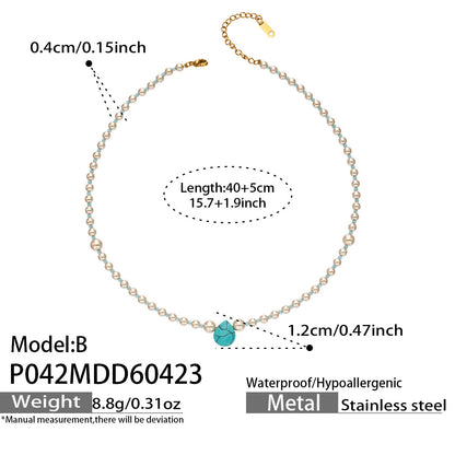 316L Stainless Steel 18K Gold PVD Imitation Pearl & Colorful Agate Pendant Necklace - Imitation Pearl, Colorful Agate, French Style, Delicate, Clavicle Wholesale Stainless Steel Jewelry - Sensitive Skin Friendly - Detail 14