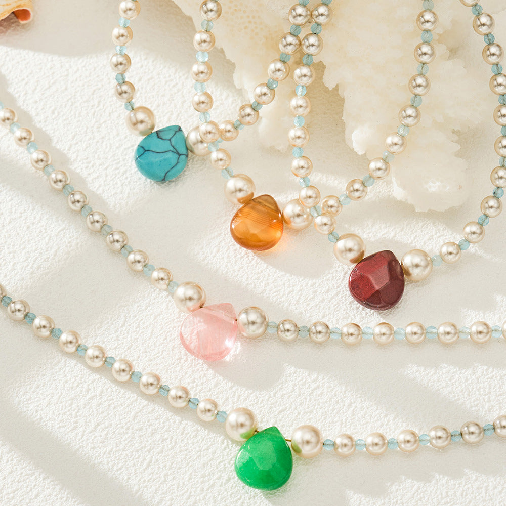 316L Stainless Steel 18K Gold PVD Imitation Pearl & Colorful Agate Pendant Necklace - Imitation Pearl, Colorful Agate, French Style, Delicate, Clavicle Wholesale Stainless Steel Jewelry - Sensitive Skin Friendly - Detail 3