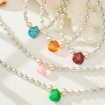 316L Stainless Steel 18K Gold PVD Imitation Pearl & Colorful Agate Pendant Necklace - Imitation Pearl, Colorful Agate, French Style, Delicate, Clavicle Wholesale Stainless Steel Jewelry - Sensitive Skin Friendly - Detail 3