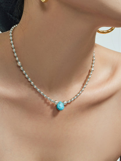 316L Stainless Steel 18K Gold PVD Imitation Pearl & Colorful Agate Pendant Necklace - Imitation Pearl, Colorful Agate, French Style, Delicate, Clavicle Wholesale Stainless Steel Jewelry - Sensitive Skin Friendly - Detail 5