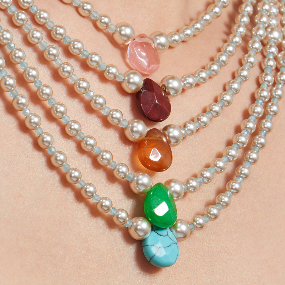 316L Stainless Steel 18K Gold PVD Imitation Pearl & Colorful Agate Pendant Necklace - Imitation Pearl, Colorful Agate, French Style, Delicate, Clavicle Wholesale Stainless Steel Jewelry - Sensitive Skin Friendly - Detail 6