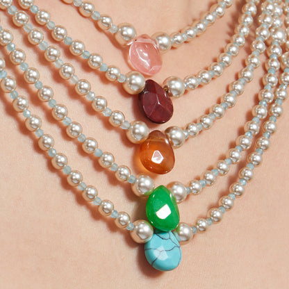 316L Stainless Steel 18K Gold PVD Imitation Pearl & Colorful Agate Pendant Necklace - Imitation Pearl, Colorful Agate, French Style, Delicate, Clavicle Wholesale Stainless Steel Jewelry - Sensitive Skin Friendly - Detail 6