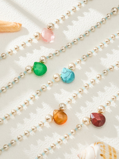 316L Stainless Steel 18K Gold PVD Imitation Pearl & Colorful Agate Pendant Necklace - Imitation Pearl, Colorful Agate, French Style, Delicate, Clavicle Wholesale Stainless Steel Jewelry - Sensitive Skin Friendly - Detail 7