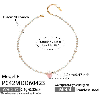 316L Stainless Steel 18K Gold PVD Imitation Pearl & Colorful Agate Pendant Necklace - Imitation Pearl, Colorful Agate, French Style, Delicate, Clavicle Wholesale Stainless Steel Jewelry - Sensitive Skin Friendly - Detail 8