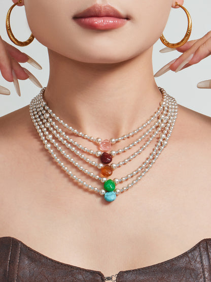 316L Stainless Steel 18K Gold PVD Imitation Pearl & Colorful Agate Pendant Necklace - Imitation Pearl, Colorful Agate, French Style, Delicate, Clavicle Wholesale Stainless Steel Jewelry - Sensitive Skin Friendly - Detail 9
