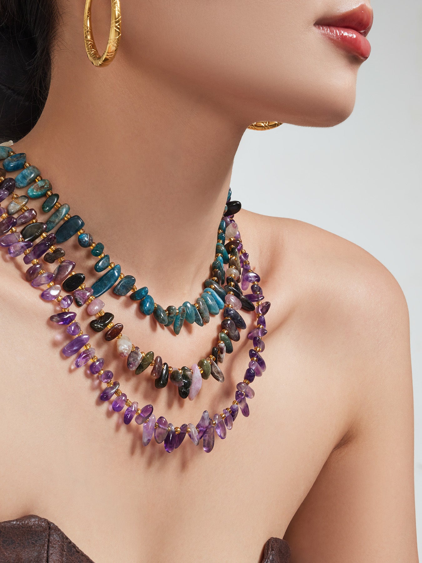 316L Stainless Steel 18K Gold PVD Irregular Beaded Natural Stone Necklace - Irregular Beaded, Natural Stone, Amethyst, Mixed Stone, Choker Necklace Wholesale Stainless Steel Jewelry - Sensitive Skin Friendly - Detail 1