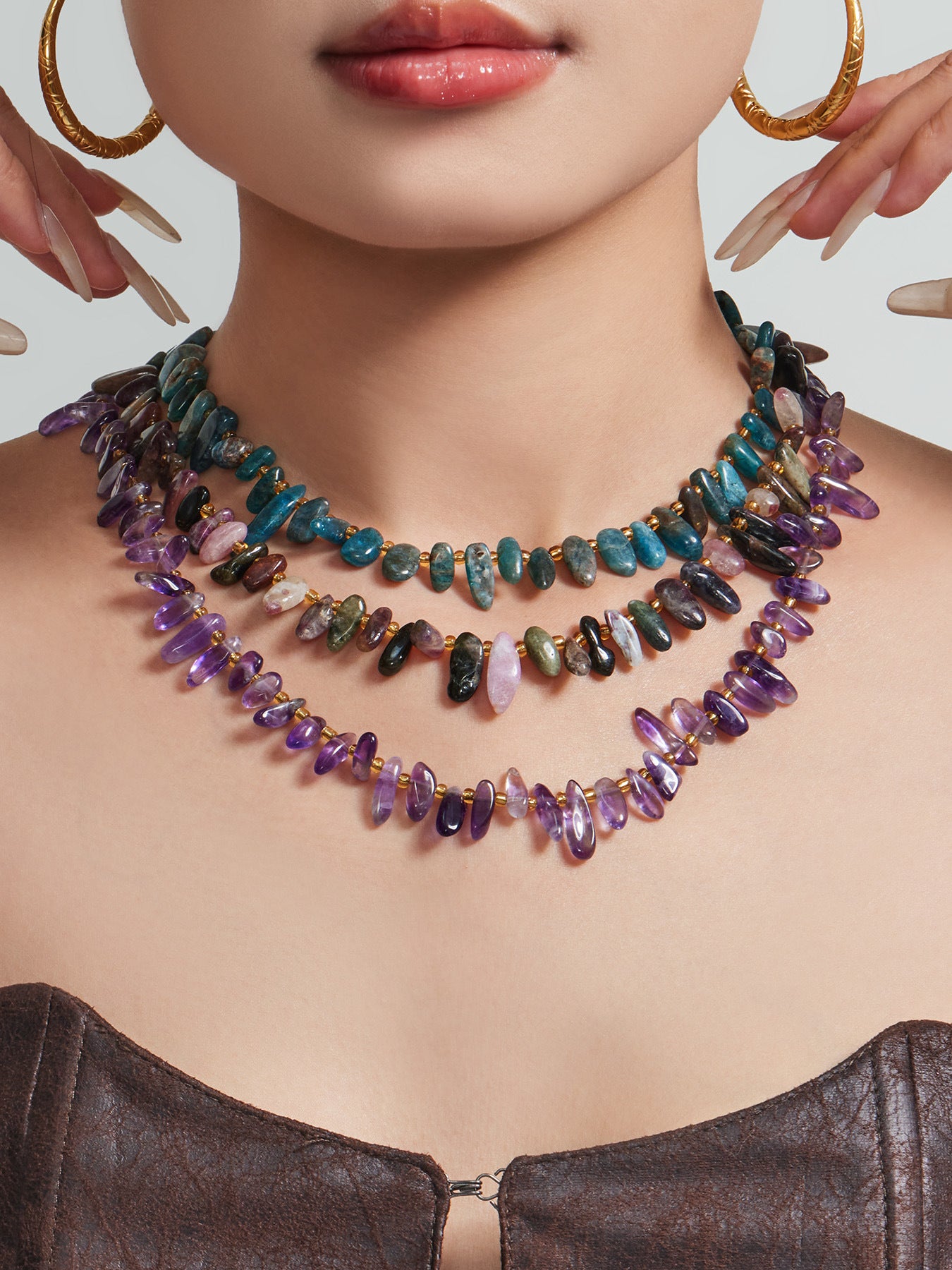 316L Stainless Steel 18K Gold PVD Irregular Beaded Natural Stone Necklace - Irregular Beaded, Natural Stone, Amethyst, Mixed Stone, Choker Necklace Wholesale Stainless Steel Jewelry - Sensitive Skin Friendly - Detail 10