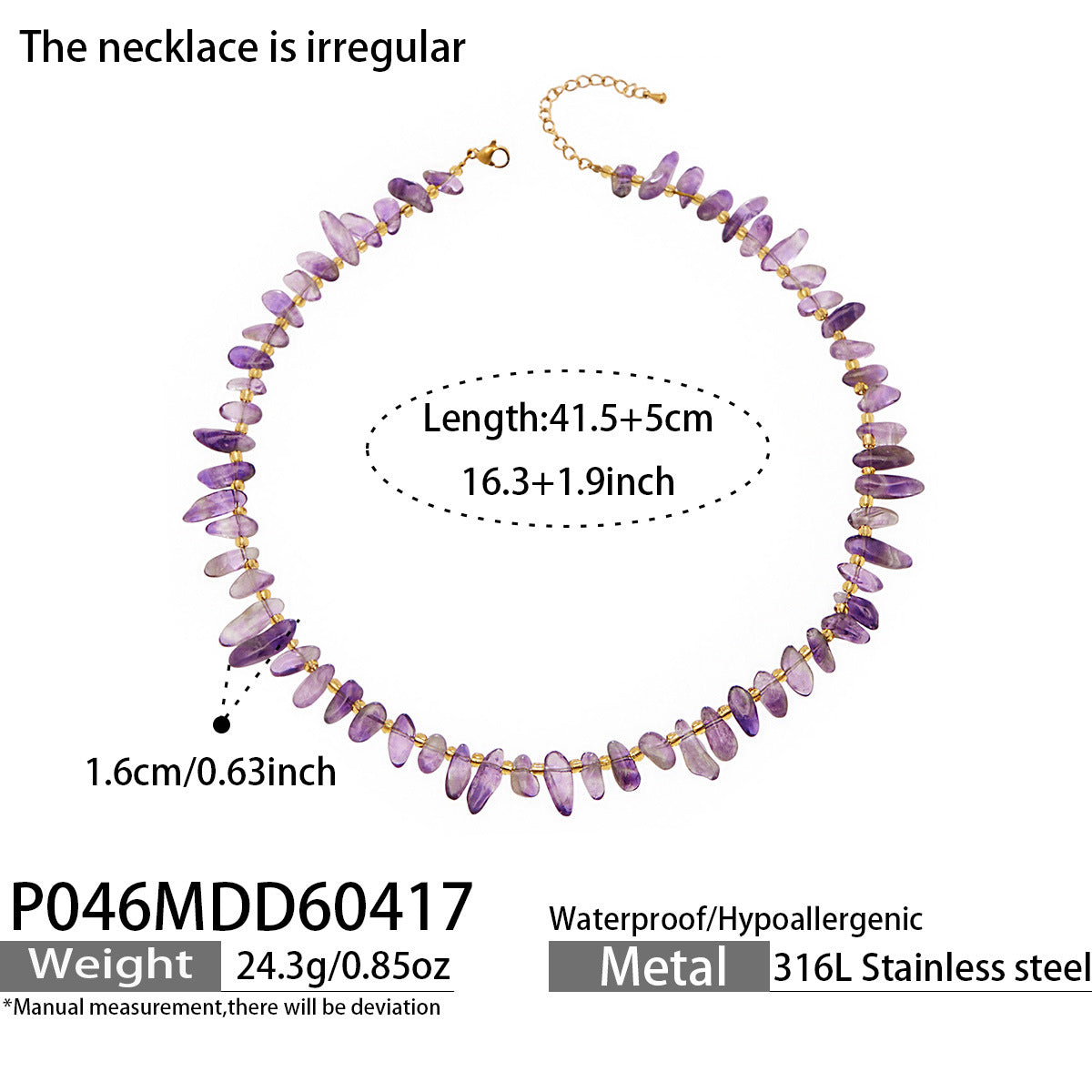 316L Stainless Steel 18K Gold PVD Irregular Beaded Natural Stone Necklace - Irregular Beaded, Natural Stone, Amethyst, Mixed Stone, Choker Necklace Wholesale Stainless Steel Jewelry - Sensitive Skin Friendly - Detail 8