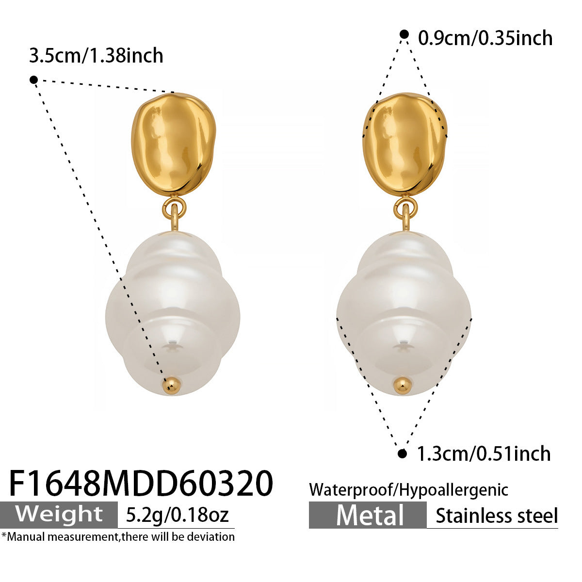 316L Stainless Steel 18K Gold PVD Irregular Faux Pearl Earrings - Irregular Faux Pearl, Unique Design, Light Luxury Wholesale Stainless Steel Jewelry - Sensitive Skin Friendly - Detail 15