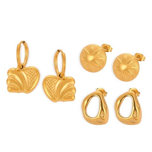 316L Stainless Steel 18K Gold PVD Irregular Geometric Earrings Set - Heart, Star & Abstract Drop Styles, Waterproof & Hypoallergenic