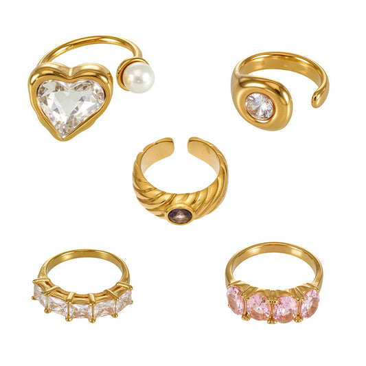 316L Stainless Steel 18K Gold PVD Irregular Zircon Ring - Irregular Zircon Ring Unique Design Gold Band Minimalist Wholesale Stainless Steel Jewelry - Sensitive Skin Friendly - Detail 17