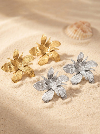 316L Stainless Steel 18K Gold PVD Large Floral Design Earrings - Large Floral, Statement Earrings, Unique Design, Trendy Wholesale Stainless Steel Jewelry - Sensitive Skin Friendly - Detail 1