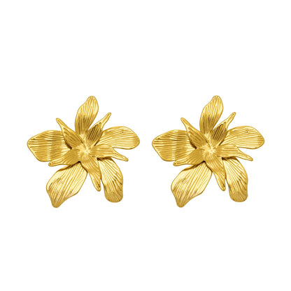 316L Stainless Steel 18K Gold PVD Large Floral Design Earrings - Large Floral, Statement Earrings, Unique Design, Trendy Wholesale Stainless Steel Jewelry - Sensitive Skin Friendly - Detail 11