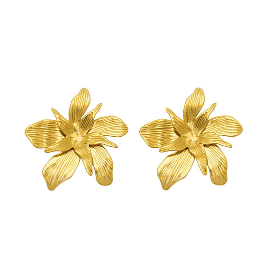 316L Stainless Steel 18K Gold PVD Large Floral Design Earrings - Large Floral, Statement Earrings, Unique Design, Trendy Wholesale Stainless Steel Jewelry - Sensitive Skin Friendly - Detail 11