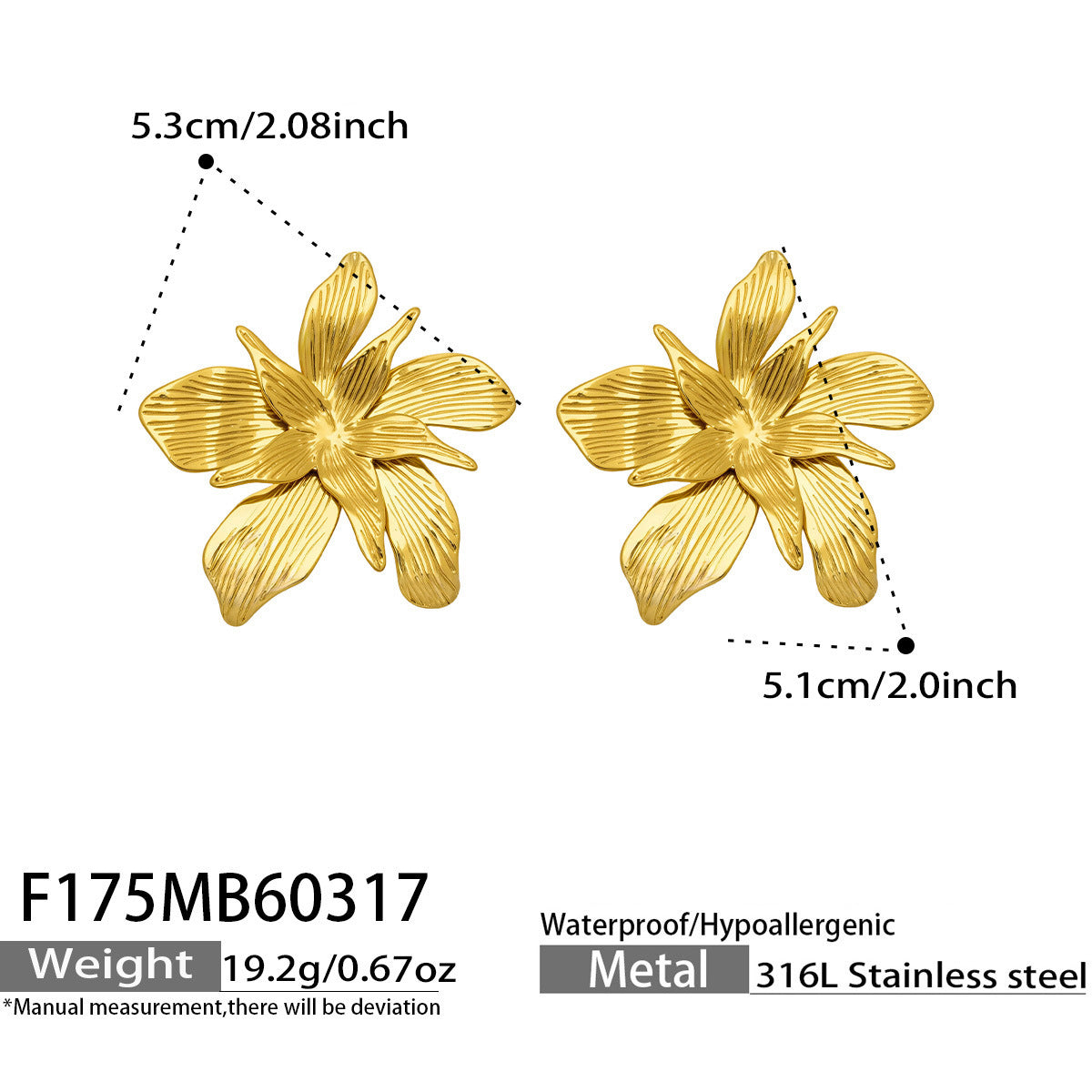 316L Stainless Steel 18K Gold PVD Large Floral Design Earrings - Large Floral, Statement Earrings, Unique Design, Trendy Wholesale Stainless Steel Jewelry - Sensitive Skin Friendly - Detail 12