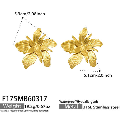 316L Stainless Steel 18K Gold PVD Large Floral Design Earrings - Large Floral, Statement Earrings, Unique Design, Trendy Wholesale Stainless Steel Jewelry - Sensitive Skin Friendly - Detail 12