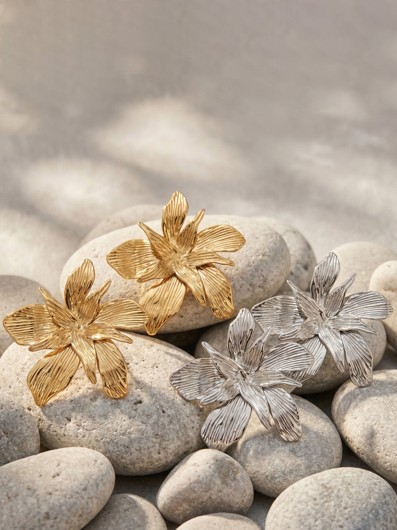 316L Stainless Steel 18K Gold PVD Large Floral Design Earrings - Large Floral, Statement Earrings, Unique Design, Trendy Wholesale Stainless Steel Jewelry - Sensitive Skin Friendly - Detail 8