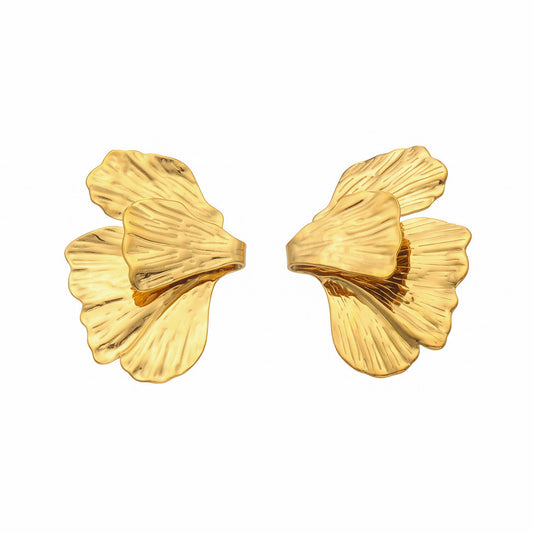 316L Stainless Steel 18K Gold PVD Layered Floral Earrings - Layered Floral Design Gold Steel Wholesale Stainless Steel Jewelry - Sensitive Skin Friendly - Detail 1