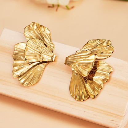 316L Stainless Steel 18K Gold PVD Layered Floral Earrings - Layered Floral Design Gold Steel Wholesale Stainless Steel Jewelry - Sensitive Skin Friendly - Detail 10