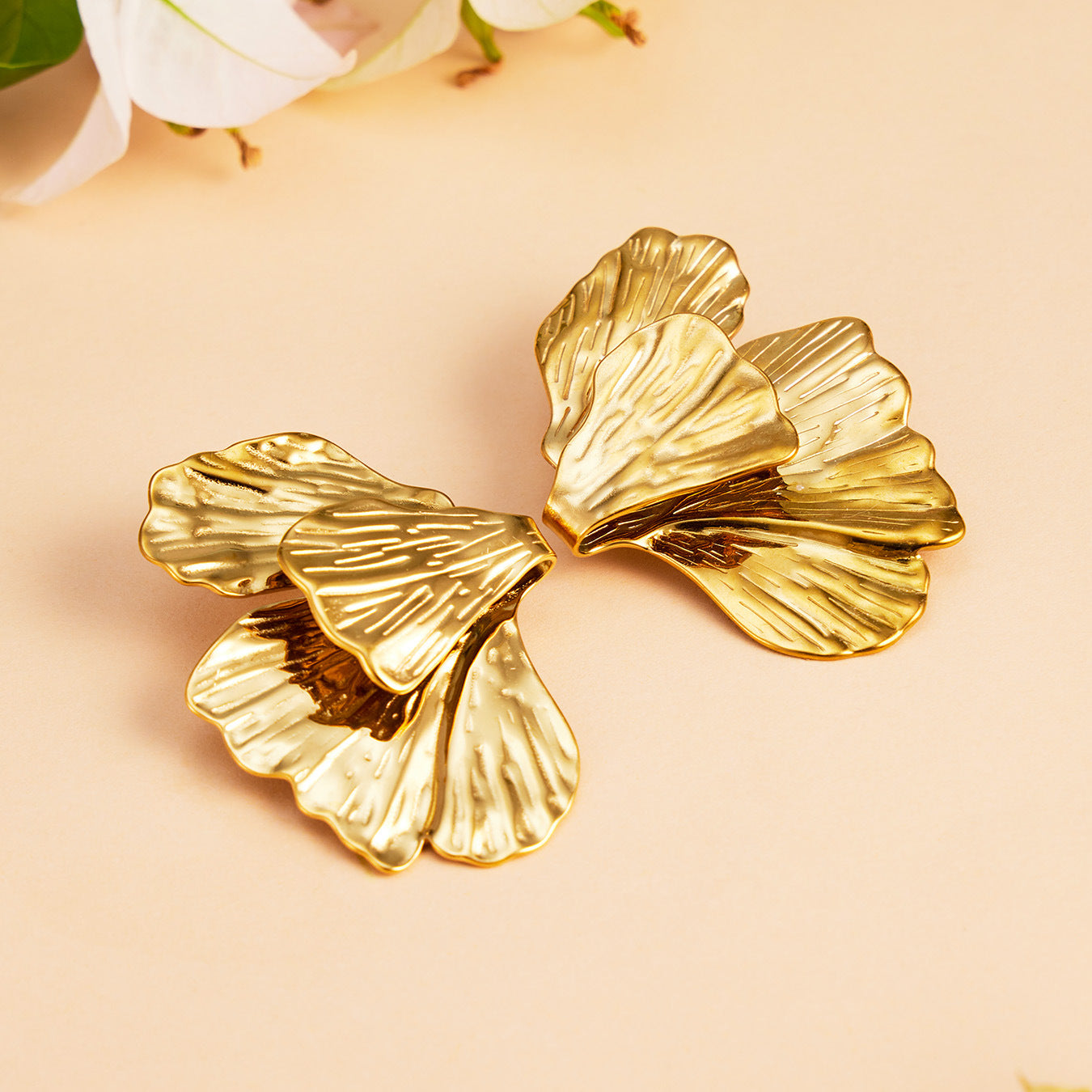 316L Stainless Steel 18K Gold PVD Layered Floral Earrings - Layered Floral Design Gold Steel Wholesale Stainless Steel Jewelry - Sensitive Skin Friendly - Detail 3