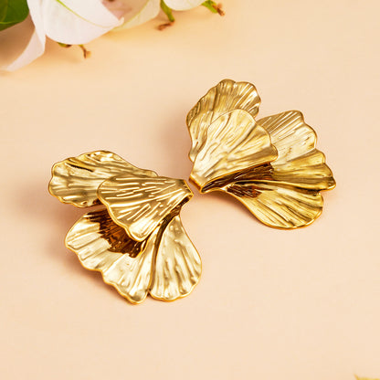 316L Stainless Steel 18K Gold PVD Layered Floral Earrings - Layered Floral Design Gold Steel Wholesale Stainless Steel Jewelry - Sensitive Skin Friendly - Detail 3