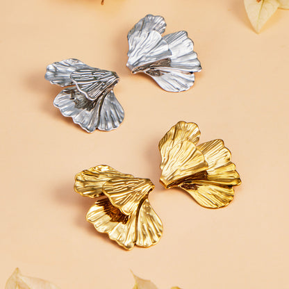 316L Stainless Steel 18K Gold PVD Layered Floral Earrings - Layered Floral Design Gold Steel Wholesale Stainless Steel Jewelry - Sensitive Skin Friendly - Detail 4