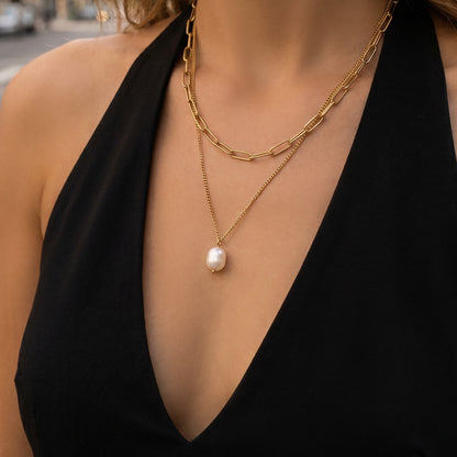 316L Stainless Steel 18K Gold PVD Layered Pearl Necklace - Layered Pearl Vintage Necklace Wholesale Stainless Steel Jewelry - Sensitive Skin Friendly - Detail 6