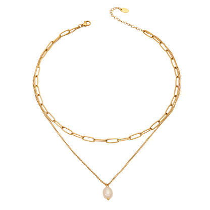 316L Stainless Steel 18K Gold PVD Layered Pearl Necklace - Layered Pearl Vintage Necklace Wholesale Stainless Steel Jewelry - Sensitive Skin Friendly - Detail 8